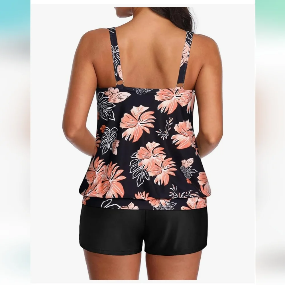 NWT Floral Sleeveless Tankini Swim Shorts Set- Black and Pink - Picture 3 of 7